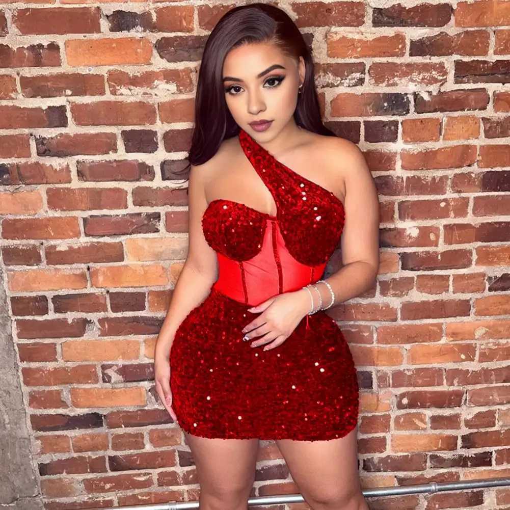 Short Sequin Dress With One Shoulder Sequin Mesh Mini Dress for Women Slim Fit Club Cocktail Party Prom Sheath DressXJ250224