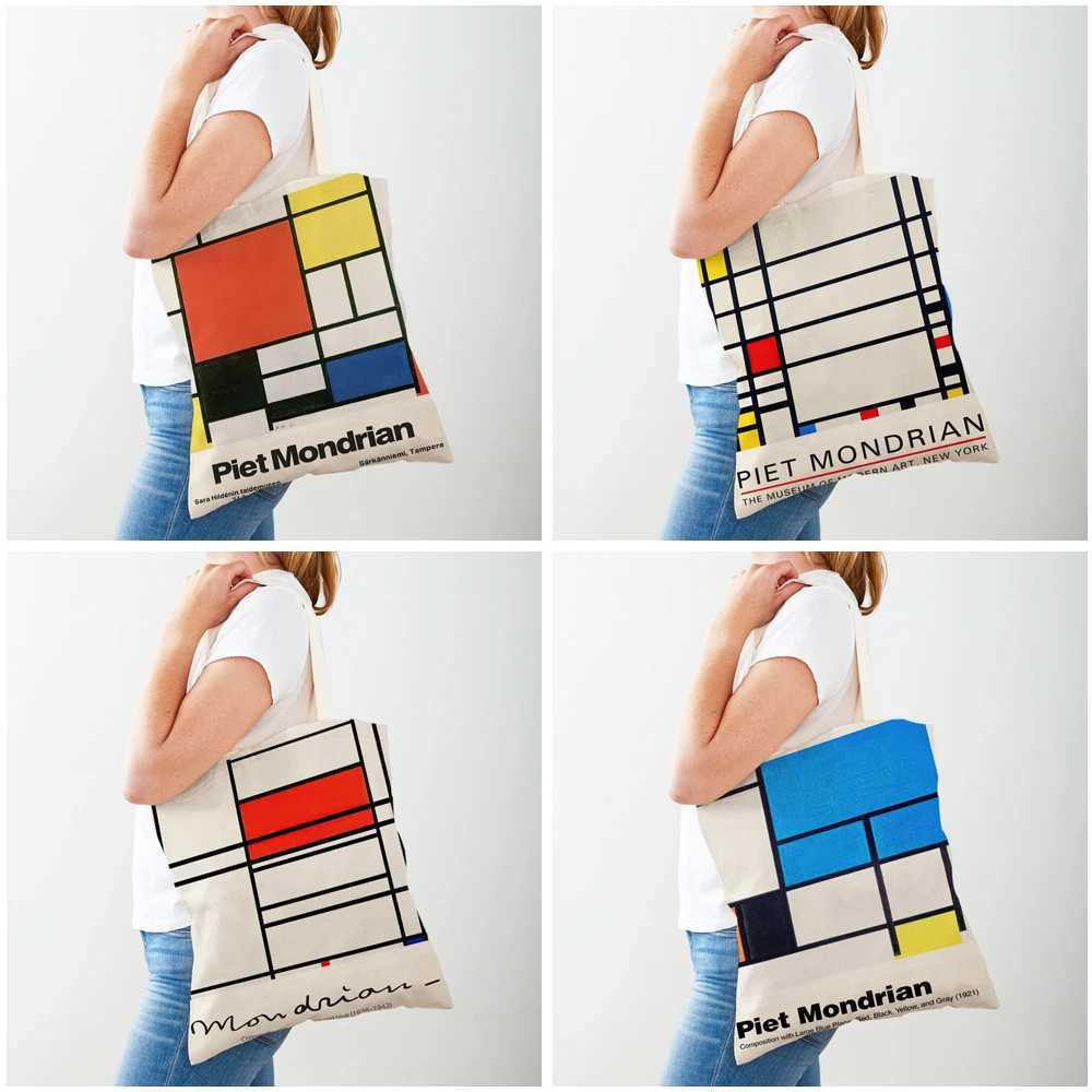 Piet Mondrian Geometric Line Color Block Double Printing Shopping Bag Womens Shopping Bag Womens Canvas Handbag Reusable Travel Bag Z250224