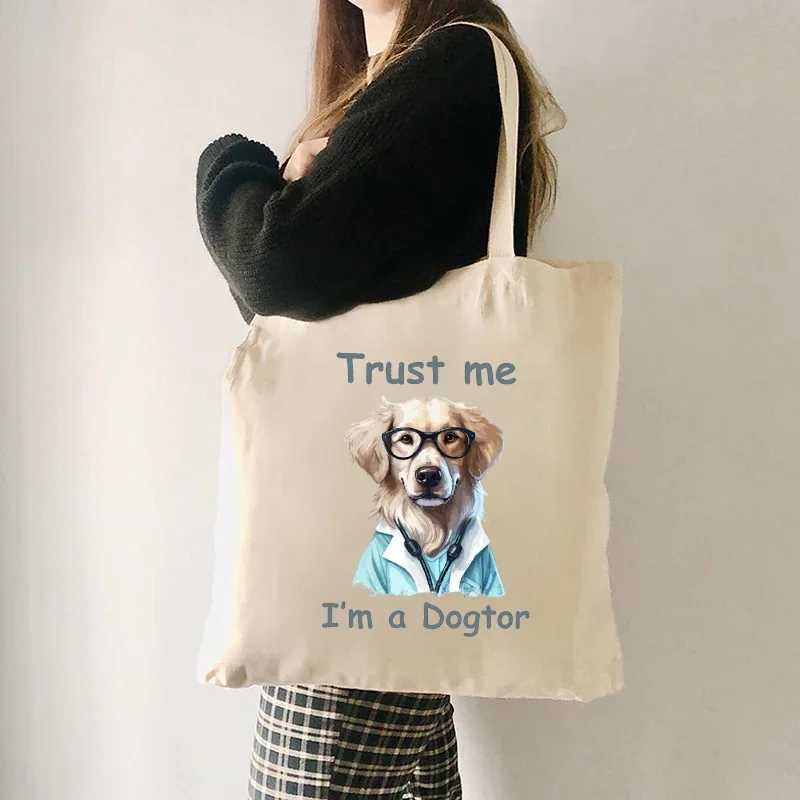 Trust Me Im A Dogtor Pattern Shopping Bag Funny Gift Idea for Dog Lover Canvas Totes Humor Dog Doctor Shoulder Bag Handbag Z250224