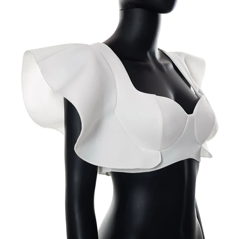 Elegant Ruffle Women Tanks Tops Solid Navel Sweet Style Skinny Short Sleeve Club Party White T-Shirt Summer Female Tank tops 250224