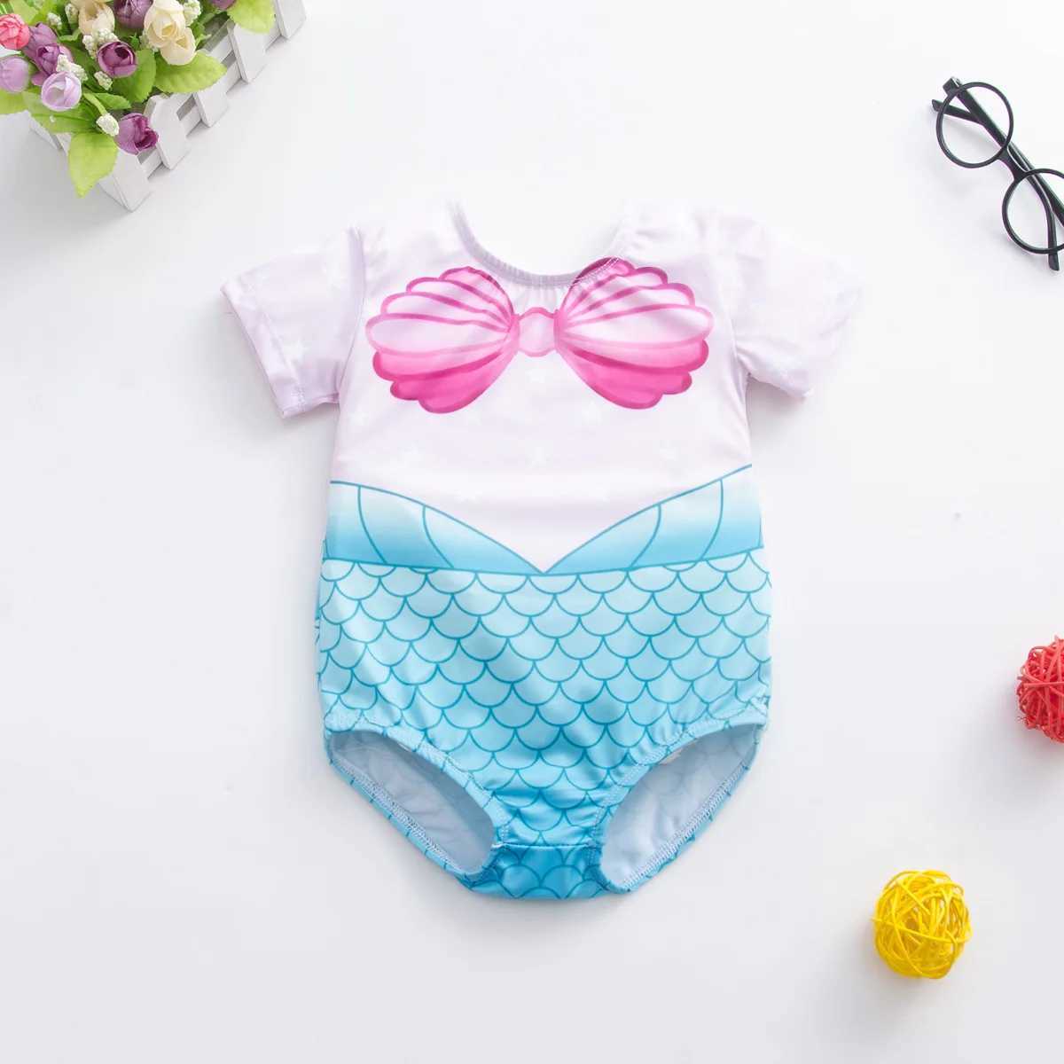 1-7 year old summer new newborn baby girl short sleeved elastic round neck fish scale printed cute one piece swimsuit X250224