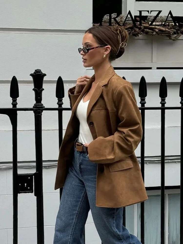 Winter Fashion Solid Color Blazer Lapel Pocket Decorated Casual Top Women's Loose Short Coat Street Jacket