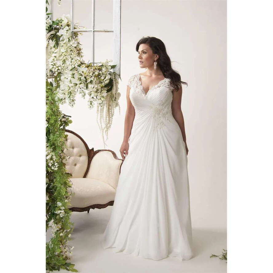 V-Neck Cap Sleeves Plus Size Wedding Dresses Chiffon Appliqued Lace Open Back Drape Side Ruched Bodice Bridal Gown 28W