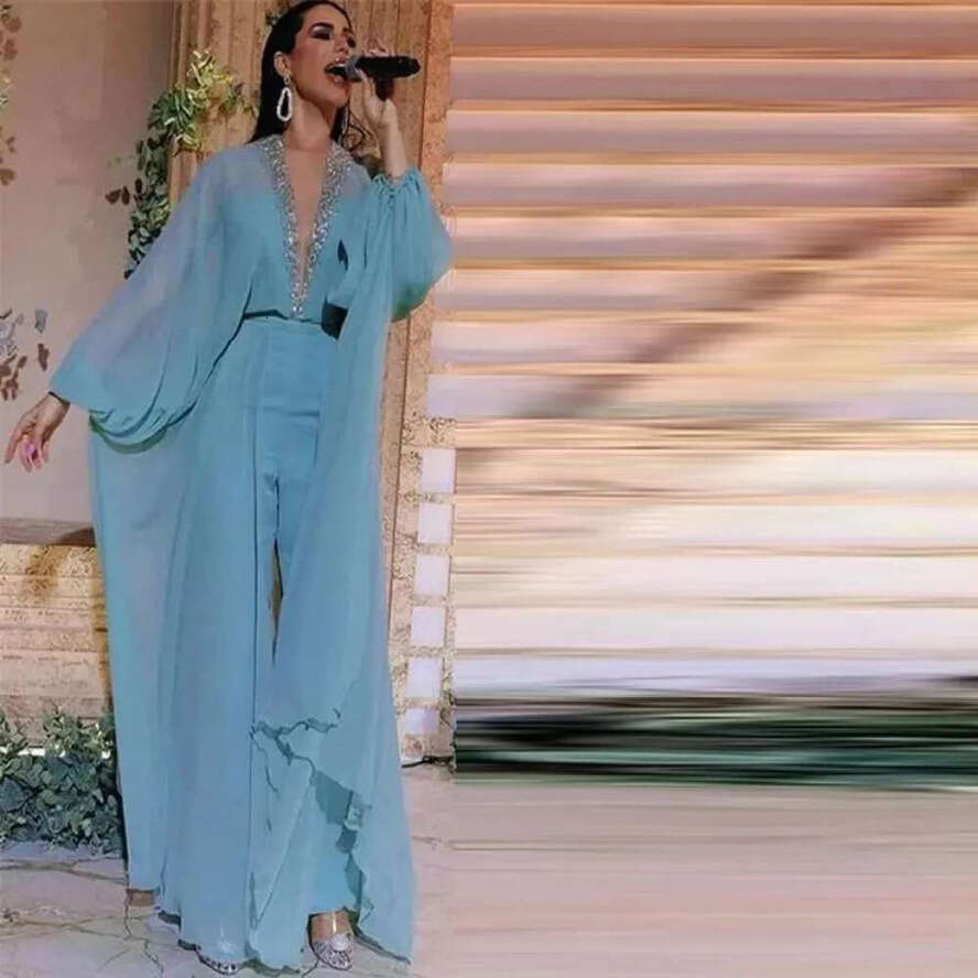 Stunning Chiffon Jumpsuit Evening Dresses Beading Collar Overskirt Outfit Prom Gown Dubai Arabic Aso Ebi Vestido De Novia Gala