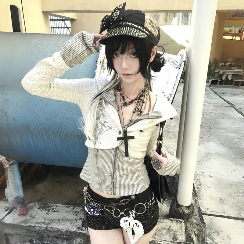 Karrram Japanese Y2k Two-piece Knitted Tops Trashy 2000s Hooded Jacket Vintage Harajuku Knitwear Grunge Aesthetics American 250224