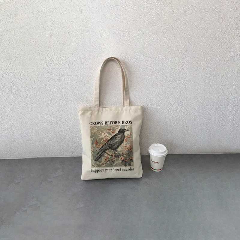 Funny Crows Before Bros Vintage Crow pattern Tote Bag Canvas Shoulder Bag For Travel Daily Commute Womens Reusable Shopping Bag Z250224