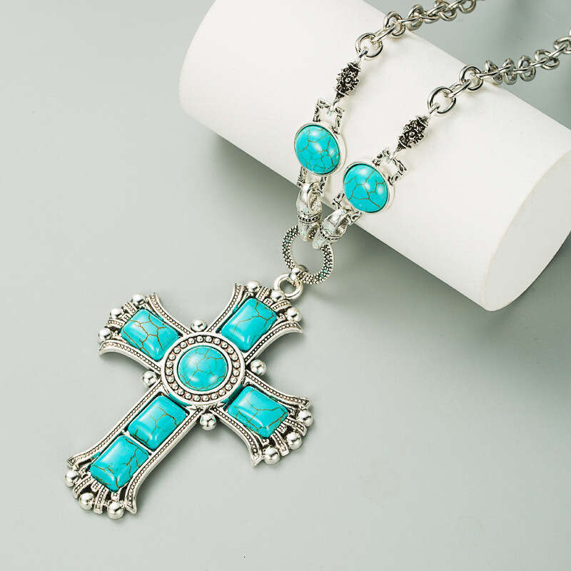 Exaggerated personality cross shaped necklace for women with multiple layers olloy inlaid turquoise sweater chain pendant jewelry