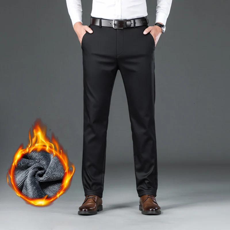 Flannel Thick Mens Casual Pants Navyblue Winter Fleece Business Stretch Warm Plush Trousers Slim Straight Male Pants 250214