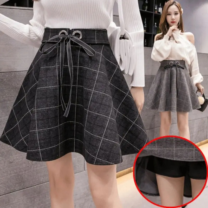 Woolen Plaid High Waist Skirt Women Korean Slim Mini A-line Lace up Ball Gown Skirt Autumn Winter Preppy Style Skort Female 250224