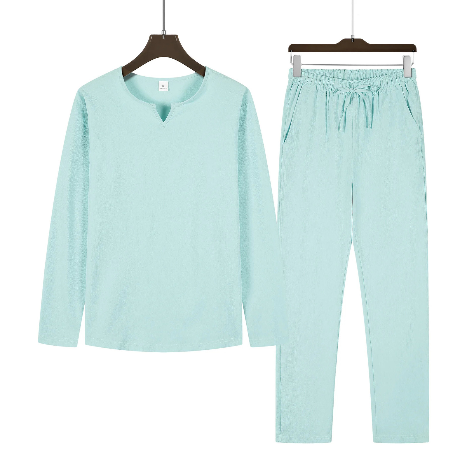 Spring and autumn explosive mens Solid color V-neck shirt and pants trend casual sports fashion suit 250224