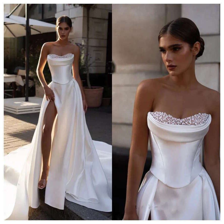 Elegant Satin A E Women Wedding Strapless Sleeveless Bridal Gowns Pearls Beads Split Side Sweep Train Dress Custom Made