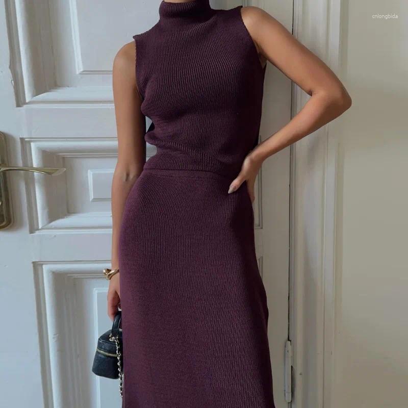 Work Dresses Tuularose Elegant Long Skirt Two-piece Set Women's Sleeveless Knitted Turtleneck Vest Slim 2025 Fashion
