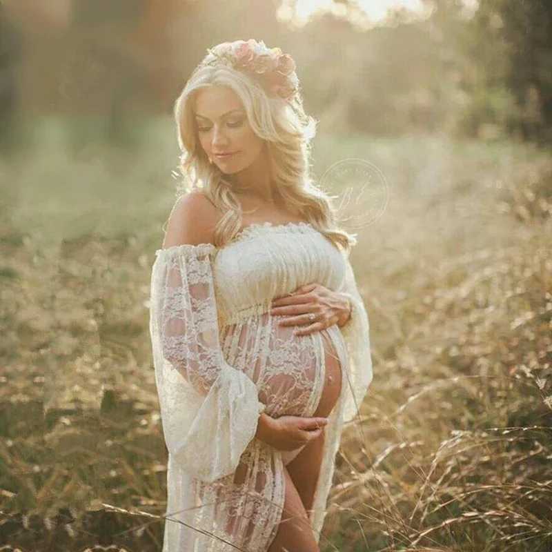 Maternity Photography Maxi Dress For Photo Shooting Slit Open Slash Neck Flower Lace Pregnancy Photo Shoot On Lace Dress X250224