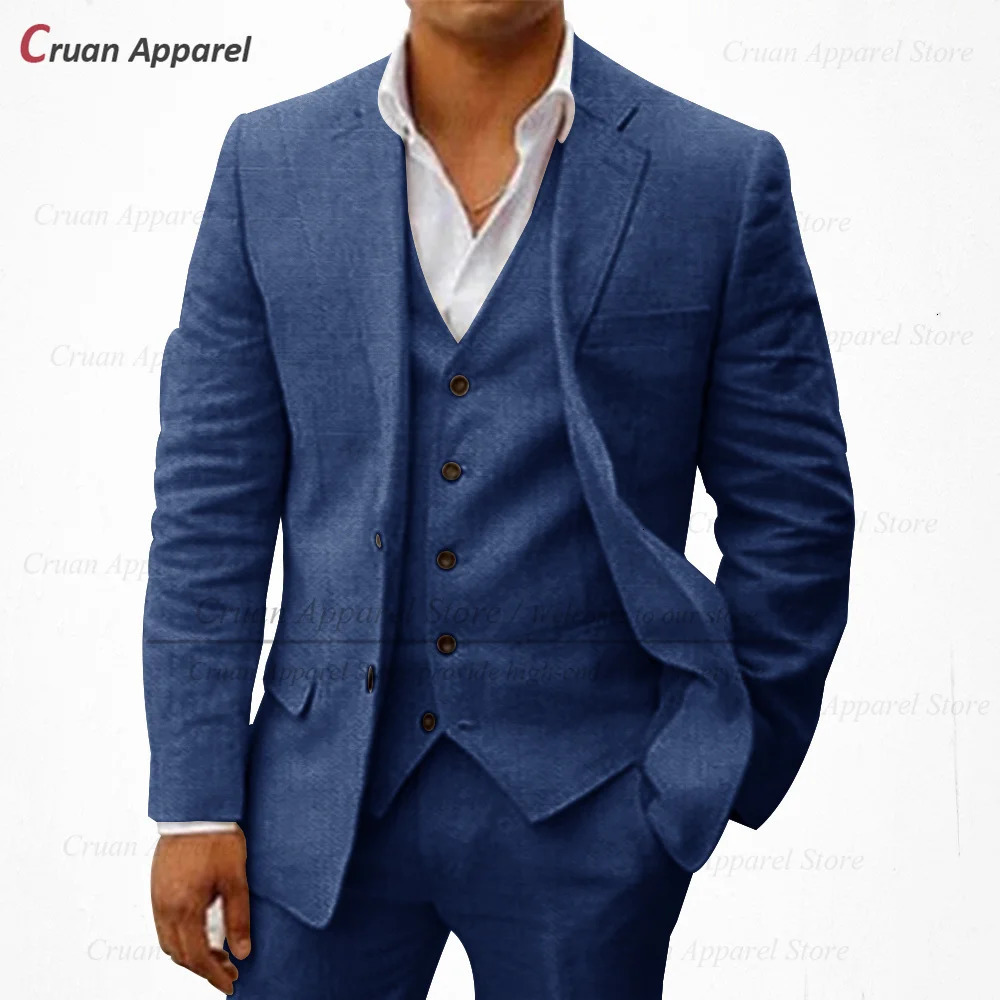 20 Colors Classic Beige Linen Suits Men Set Beach Wedding Groom Suit Summer Casual White Business Jacket Vest Pants 250222