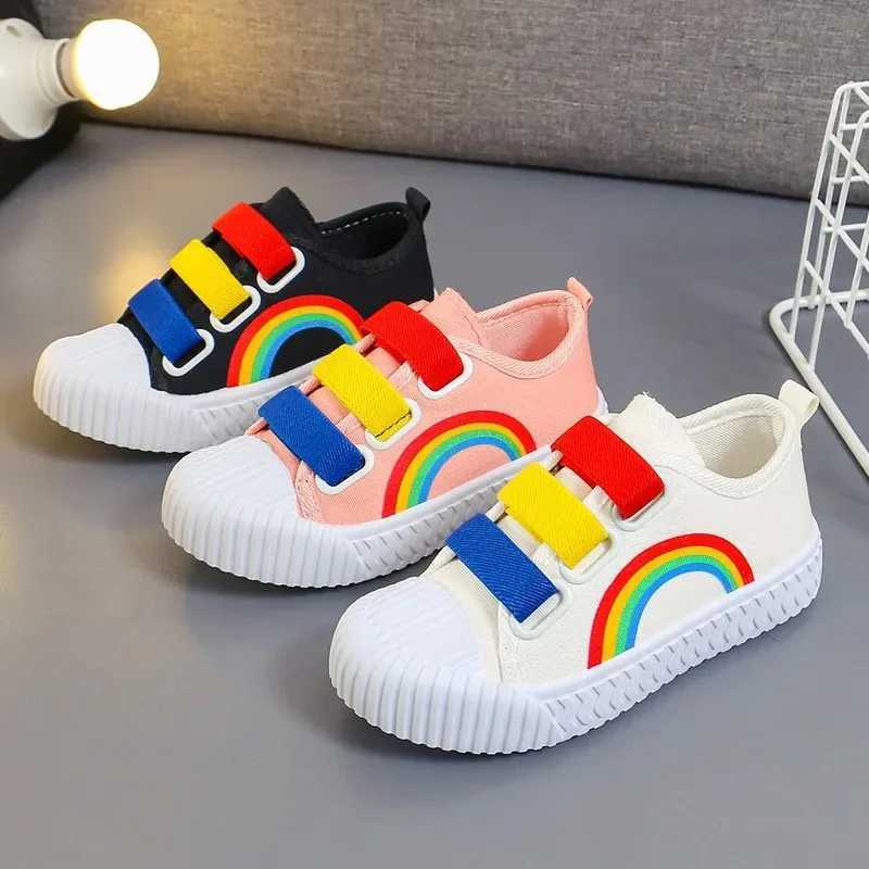Kids Canvas Shoes Boy Girl Hook Loop Flat Rainbow Shoes Kids Sport Running Boys Spring Autumn Student Breathable Casual Shoes X250224