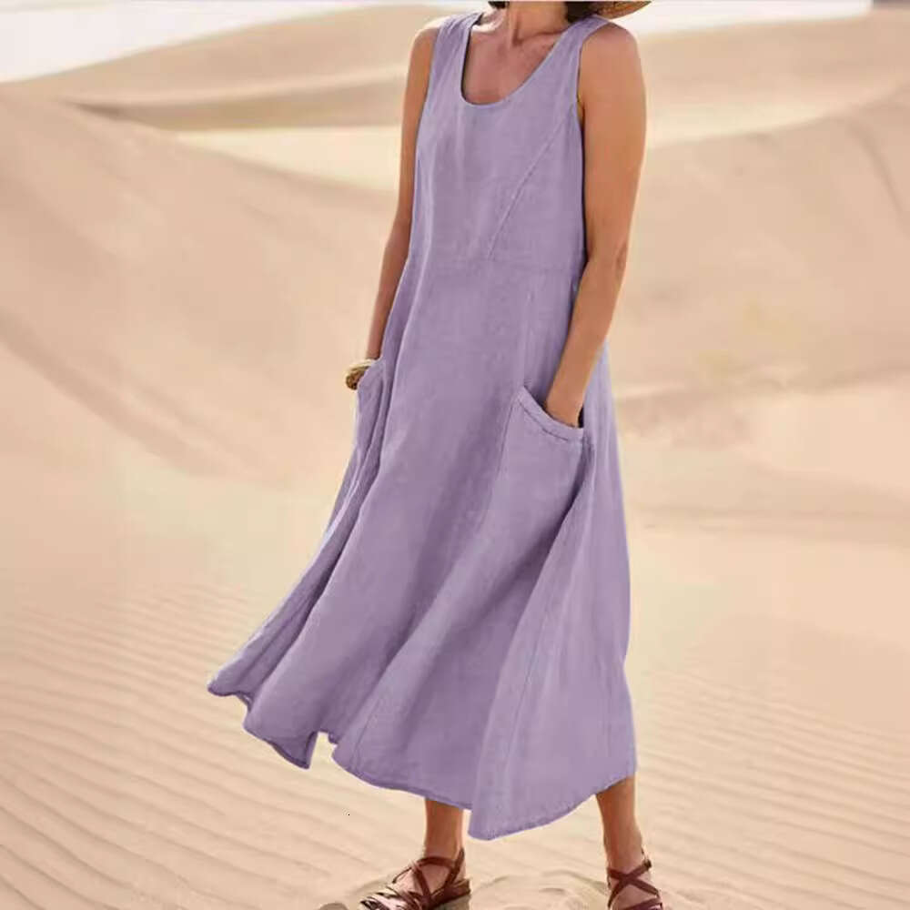 Summer European American Foreign Trade Pocket Sleeveless Round Neck Women's Cotton And En Dress