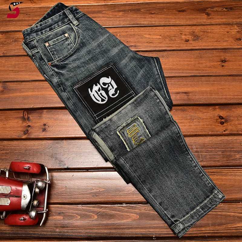 Men's Jeans High-End Jeans Mens Autumn and Winter Fashion Ripped Patch Pu Shuai Embroidered Printed Slim Fit Skinny Stretch Pants z250225