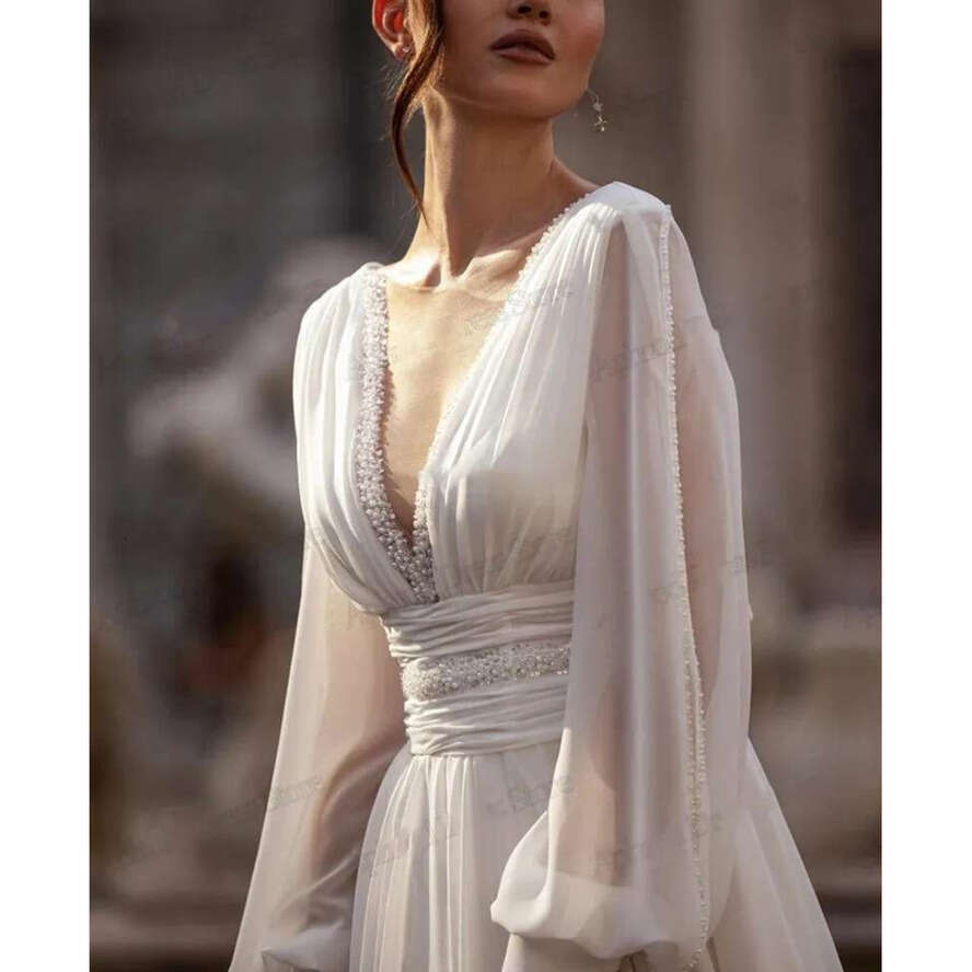 Arrival New Wedding Dresses Deep V Neck Long Puff Sleeves A E Chiffon Silt Bridal Bride Formal Gowns Vestidos De Noiva