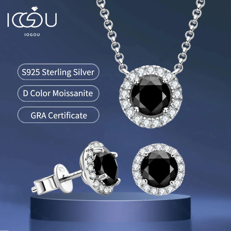 925 Sliver Pendant Necklace Stud Earrings Sets Black Diamond Jewely Set 18k White Gold Plated for Women with GRA Gift 250221