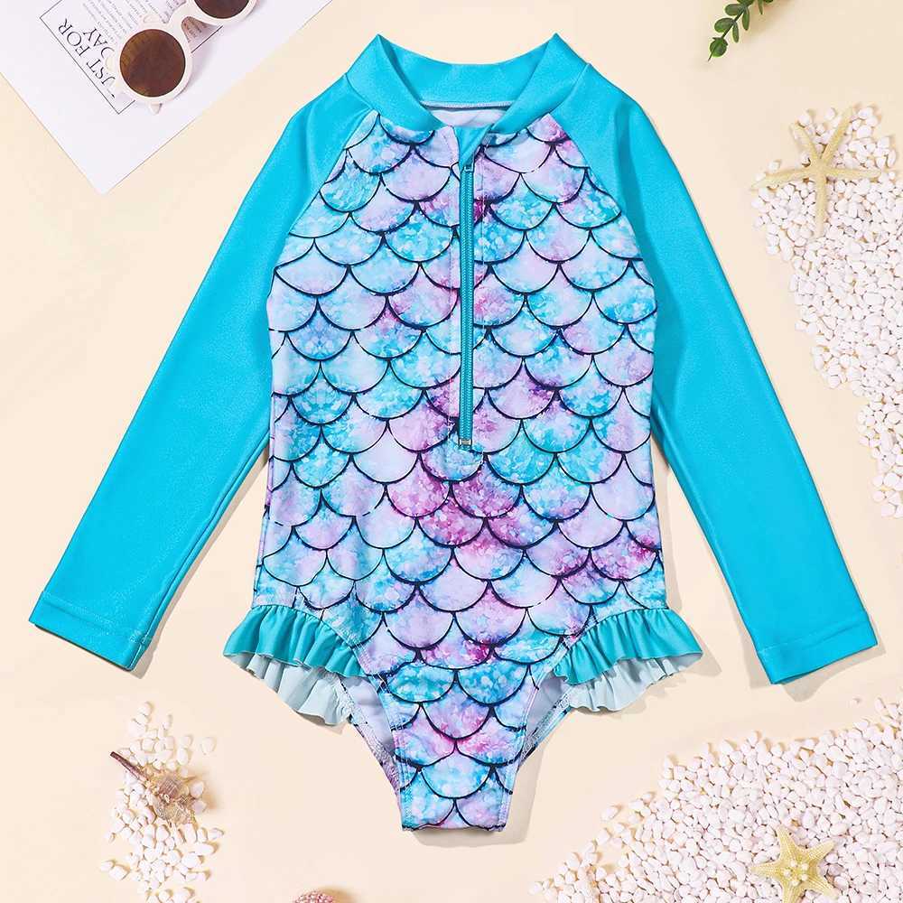 Kids Baby Girl Swimsuits Fish Scale Print Ruffles Long Sleeve Jumpsuit Swimwear Beachwear Children Bathing Suits X250224