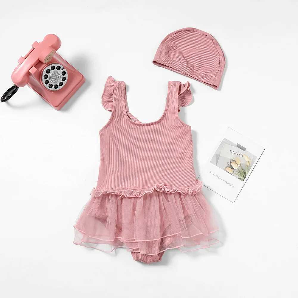 New Girls Swimwear Hat Set Fashion Sweet Children Solid Color Bow Swimsuit for Little Girls Kids Summer Soft Baby Swimwear X250224