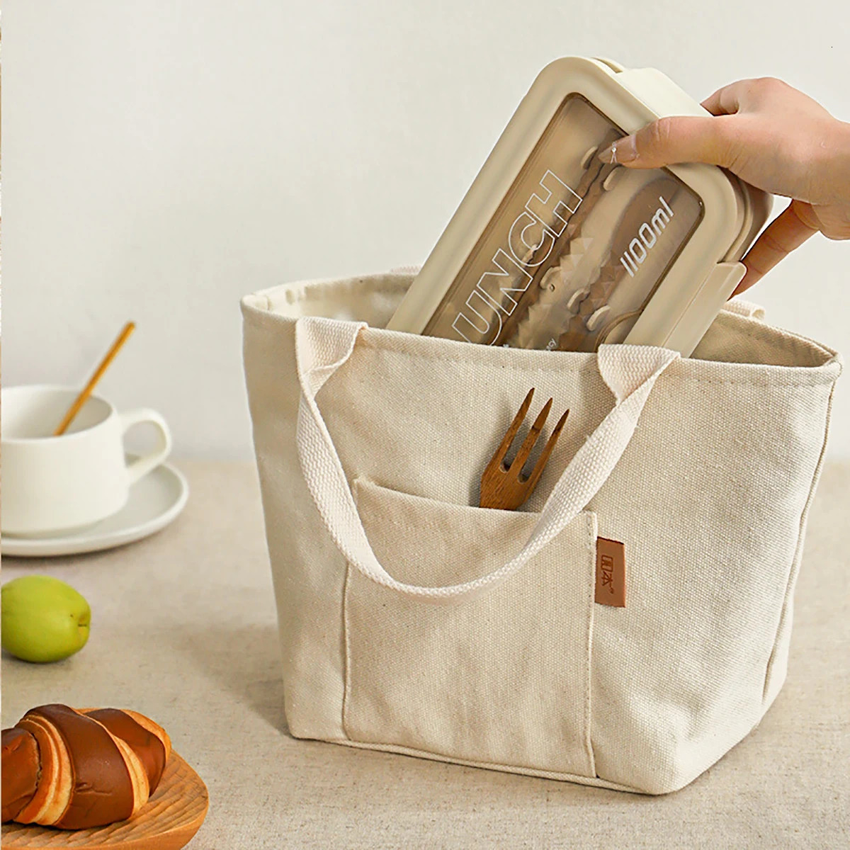 Versatile Canvas Insulated Lunch Bag with Zipper - Portable Storage Tote for Travel Picnics Easy-Clean Square Organizer 250224