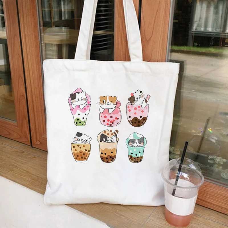 KAWaii Milk Tea Printed Canvas Tote Bags for Women Shopper Handbags Environmental Reusable Shoulder Bag Cartoon Hand Bag Z250224