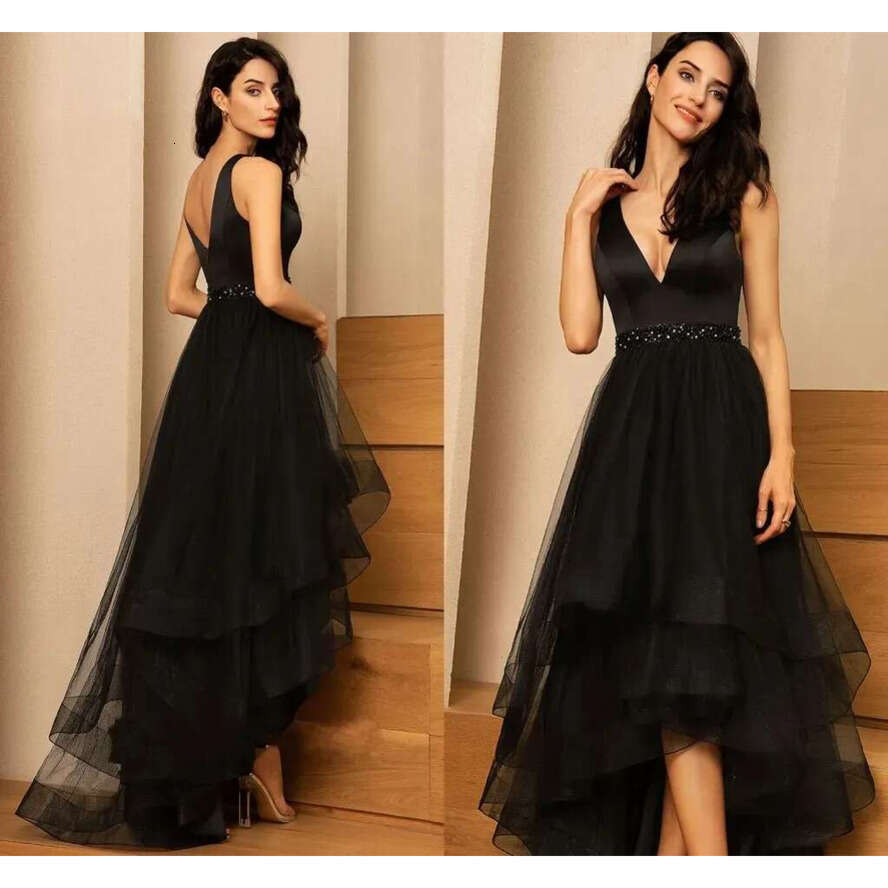 High Low Beads Black Prom Dress 2024 V-Neck Asymmetrical Tulle Evening Party Gowns For Homecoming Customed Robes Soiree Vestidos De Gala