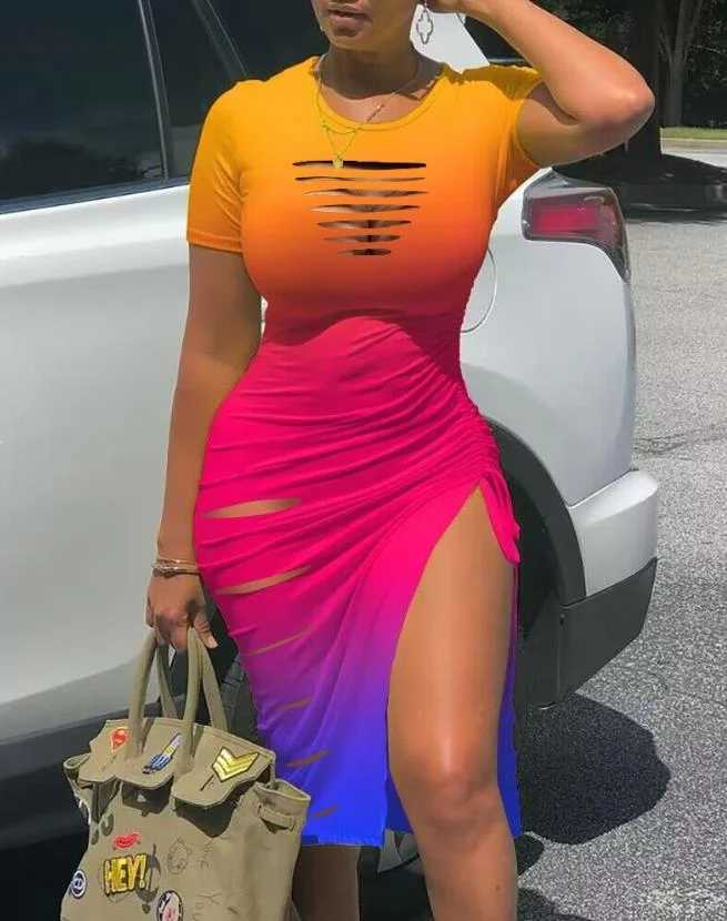 Womens Dresses 2023 Summer Fashion Contrast Leopard Print Drstring Ruched Casual O-Neck Short Sve High Slit Skinny DressXJ250224