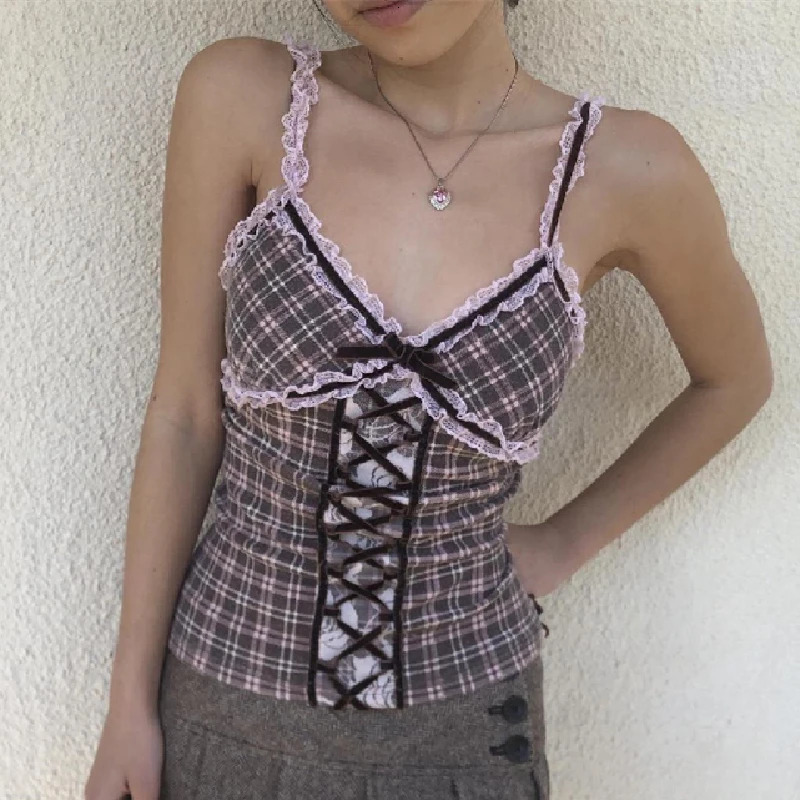 WhereMery Y2K Lace Patchwork Plaid Print Tank Top Fashion V-neck Slip Crop Tops Korean Aesthetic Bandage Backless Camisole 250224
