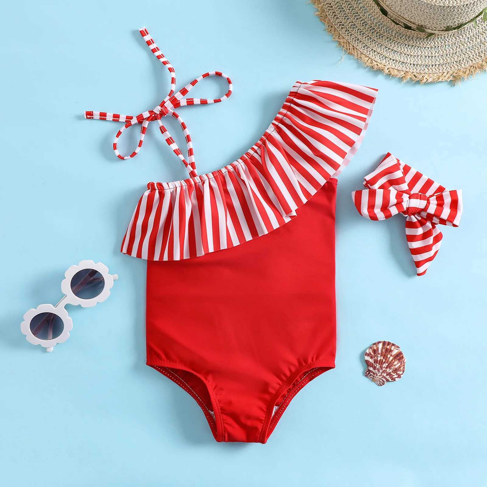Childrens summer striped patchwork one-piece swimsuit girls beach style swimsuit headscarf two-piece set X250224
