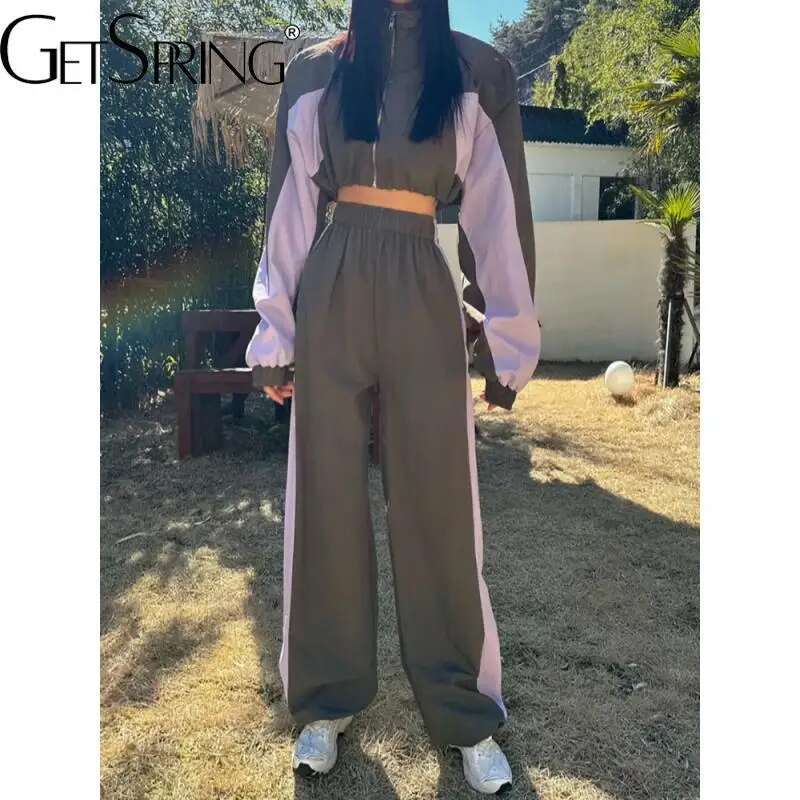 Getspring Women Pant Sets 2024 Autumn Color Matching Quick Drying Short Top Drawstring High Waist Loose Long Wide Leg Two Pieces
