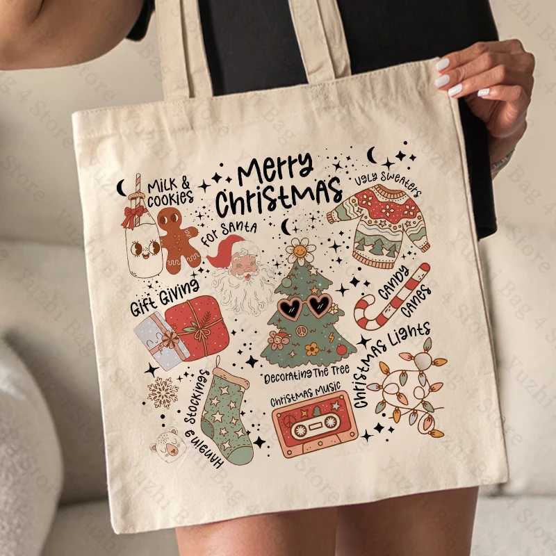 Merry Christmas Pattern Canvas Tote Bag Santa Claus Christmas Elements Graphics Best Gift for Xmas Womens Reusable Shopping Bag Z250224
