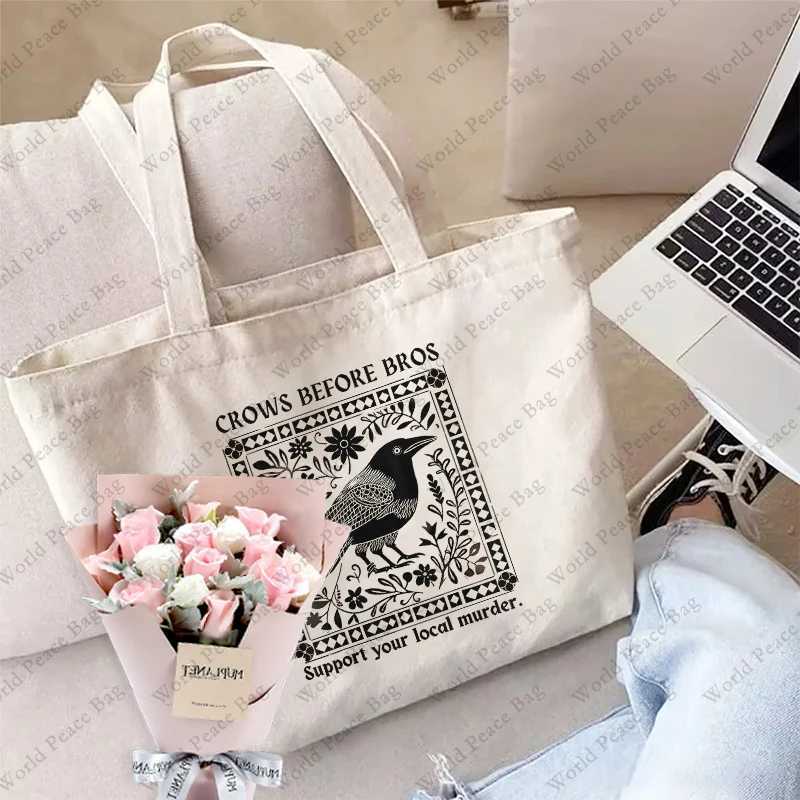 1 pc Crows Before Bros Vintage Crow pattern Tote Bag Canvas Shoulder Bag For Travel Daily Commute Womens Reusable Shopping Bag Z250224