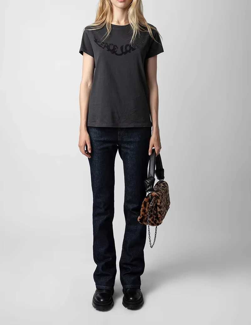 Spring and Summer French Niche ZV Printed Wings Hot Stamping Washed Water Slim Fit Short Slved T-shirt X250224