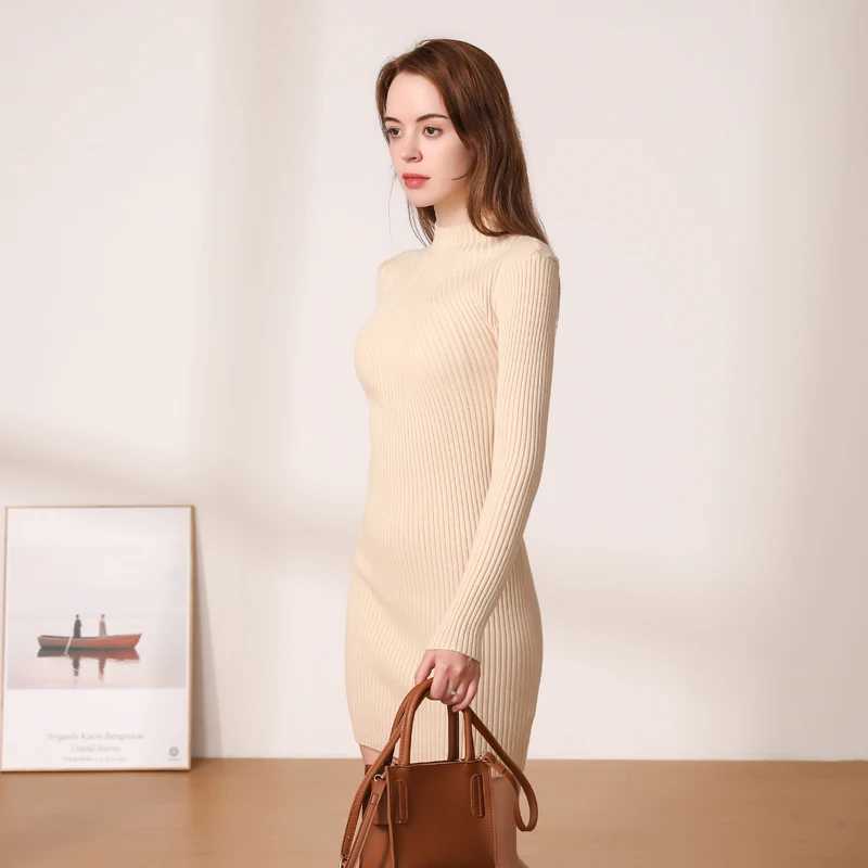 Basic 2024 Winter Casual Womens Dresses Ladies Midi Dress Sweater Knitted Korean Fashion Robe Clothes Clothing Ele BlackXJ250224