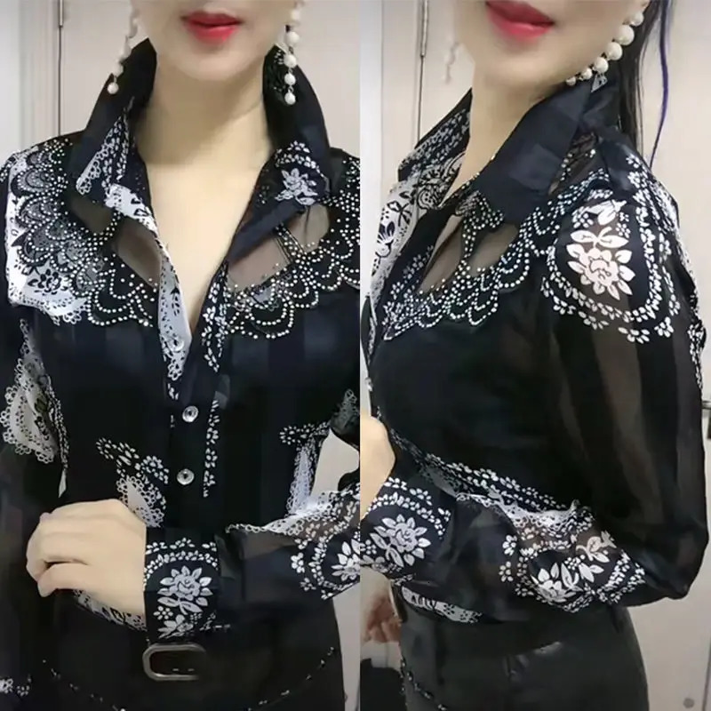 Loose Printed Long Sleeved Fashionable Elegant Chiffon Lace Shirt for Women Spring Autumn High-end Western Floral Bottom Top 250224