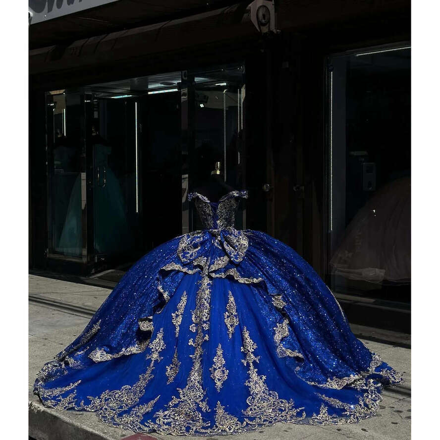 Royal Blue Princess Dresses Prom Ball Gown Off Shoulder Glitter Sequins Vestido De Quinceanera Gold Appliqued 15 Masquerade Dress 0616