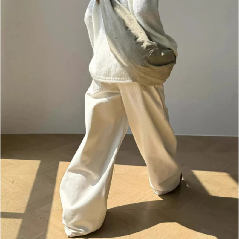 Fashion Simple Plain White Baggy Jeans Women y2K All Match Solid Pockets Wide Leg Straight Lady Denim Pants Casual Loose Trouser 250222