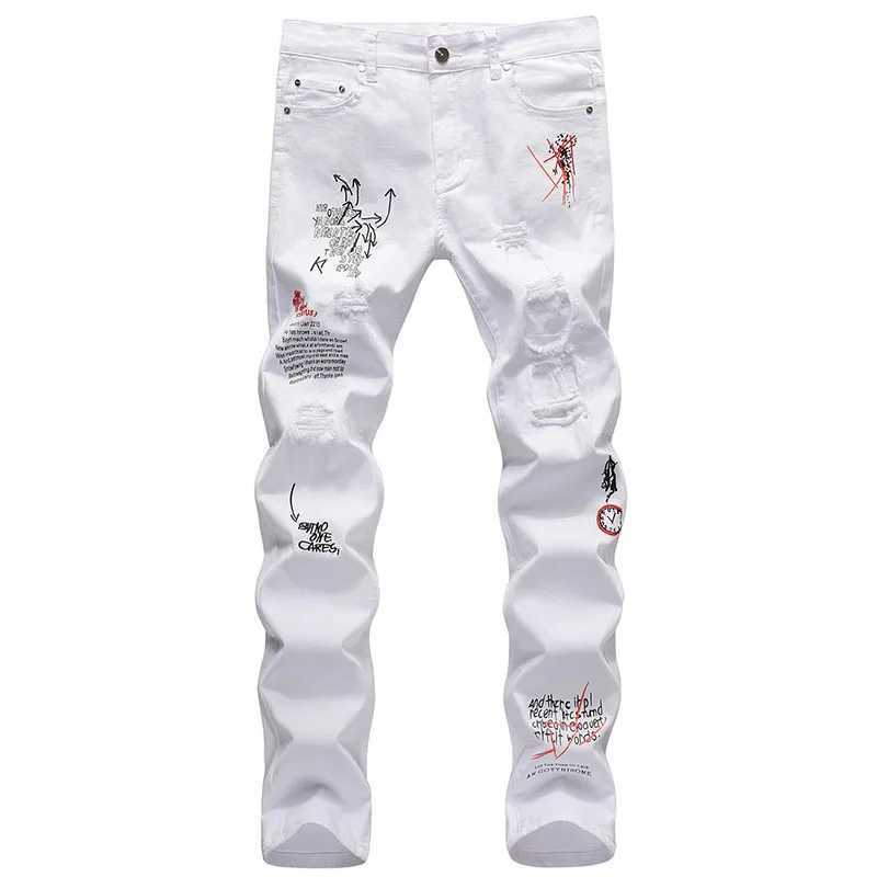Men's Jeans Fashion Embroidery Letters White Skinny Jeans Trousers Men Hip Hop Punk Casual Motorcycle Stretch Ripped Denim Pants Streetwear z2502