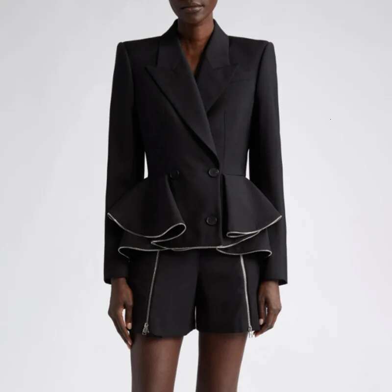 Getspring Women 2023 Autumn Double Breasted Long Sleeve Ruffles Ladies Black Blazer Coat Fashion Women's Slim Suit Jacket