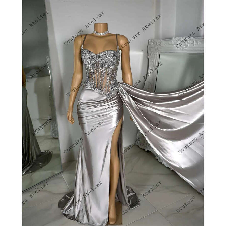 Sier Bbeaded Spaghetti High Split Prom Dresses For Black Girls Mermaid Elegant Dress Special Party Formal Gowns Satin Arabic