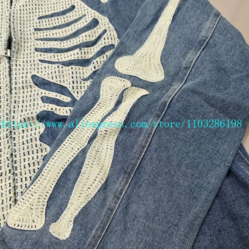 24SS KAPITAL Denim Zipper Jacket Skulls Skeleton Bone Embroidered Loose Coat Long Sleeve Design for Men Women