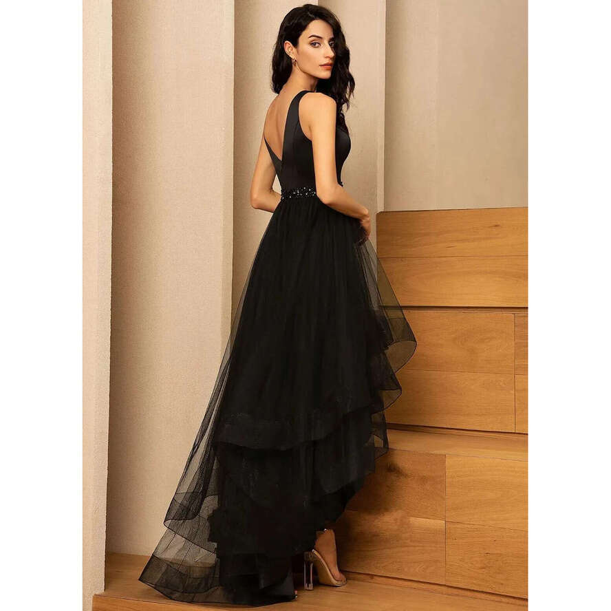 High Low Beads Black Prom Dress 2024 V-Neck Asymmetrical Tulle Evening Party Gowns For Homecoming Customed Robes Soiree Vestidos De Gala