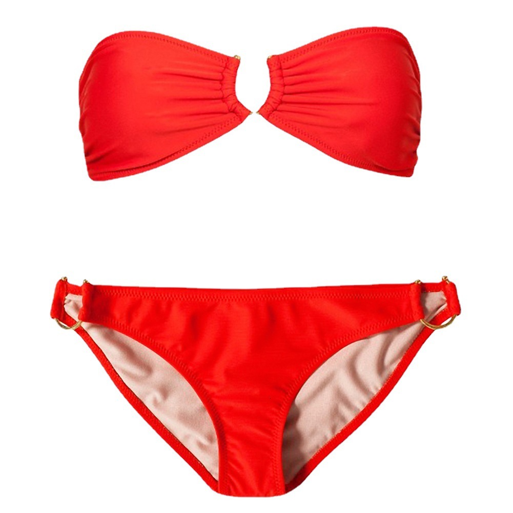 sexy swimwear 2025 new solid color strapless pleated U-shaped accessory bikini women's split swimsuit