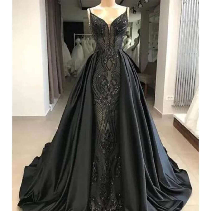 Elegant Black Sequined Evening Dresses With Detachable Train Spaghetti Beading Prom Dress Or Length Saudi Arabic Long Formal Party Gowns