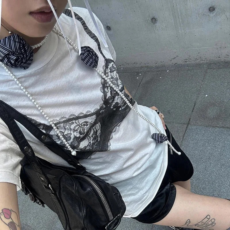 Black Lace Bra Print White Graphic T-Shirt Fashion Woman Blouse Tees O Neck Short Sleeve Casual Street Sweats Tops 250224