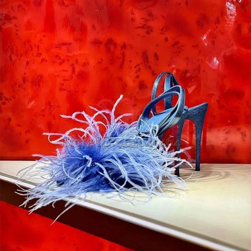 Women's Chic Feather Blue Leather Sandals 2025 New in Sexy Open Toe Fur Denim Brand High Heels Designer Party Shoes 250311