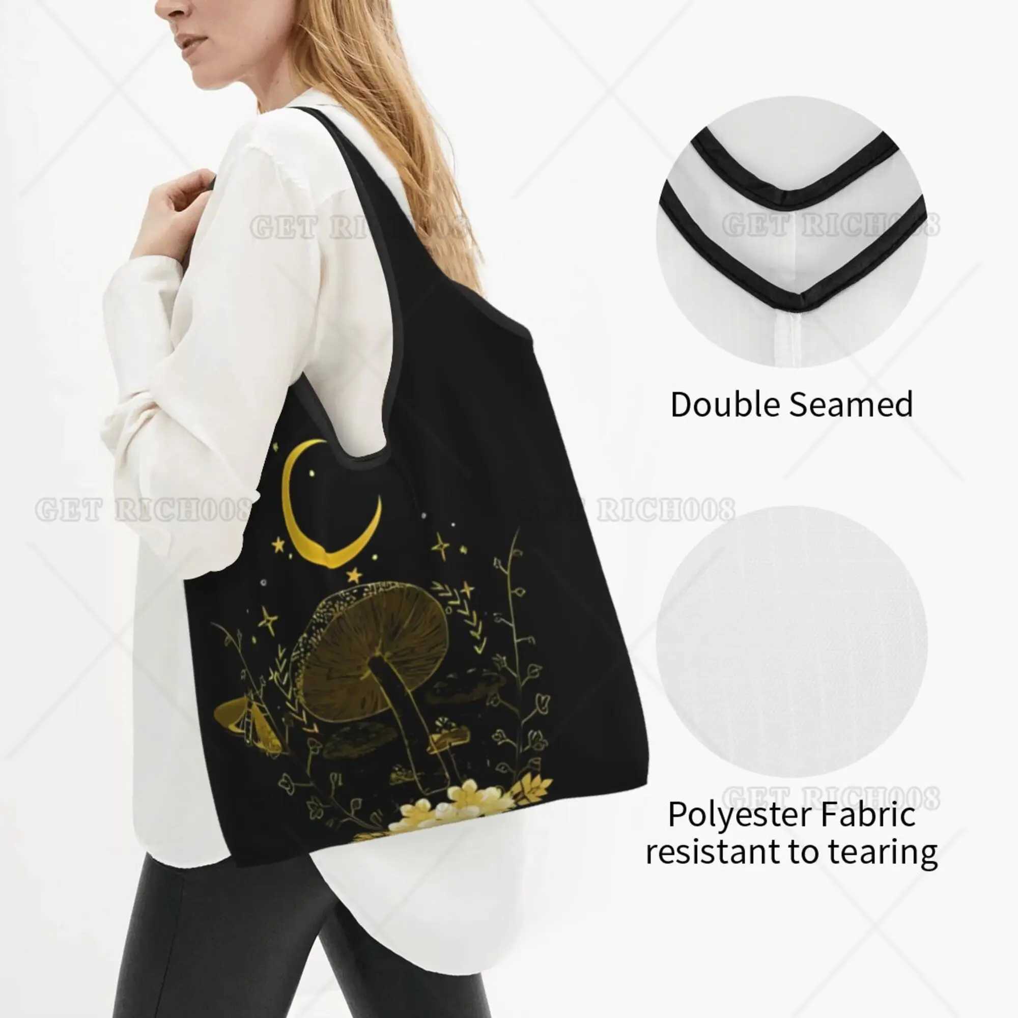 Mushroom and Moon Gothic Shopper Bag Portable Tote Bag Recyclable Grocery Bags Women Hand Bag for Shopping Outdoor Foldable Z250224