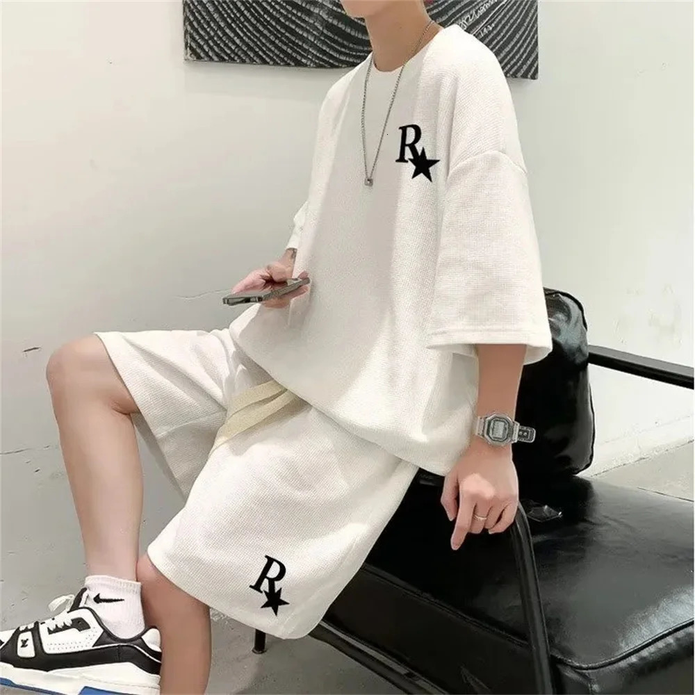 Oversized Japan Korean Fashion College Waffle Set Men Summer Casual Loose Short Sleeve T-shirt Shorts Sports Two Piece Set 250225
